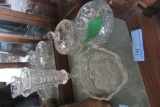 PRESSED GLASS VINTAGE BOWL, COVERED DISH, VASE, AND CAROLERS DISH