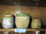 HEAVY STONEWARE VASES, NUMBER 5 CROCK, AND FROG VASE. VASE FOOT REPAIRED