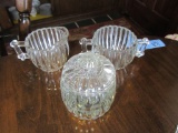 3 PIECE GLASS SUGAR CREAMER AND COVERED CONDIMENT