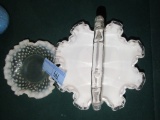 CLEAR GLASS EDGED MILKGLASS BASKET AND HOBNAIL FLUTED DISH