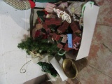 CHRISTMAS WREATH, ORNAMENTS, RIBBON, AND ETC