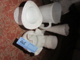 MILK GLASS PITCHER, VASES, HAT INCLUDED