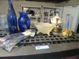 BLUE GLASS PIECES, FROSTED FOOTED BOWL AND BRASS CANDLE HOLDERS AND ETC