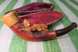 HAND CARVED MEERSCHAUM CIGAR HOLDER WITH FOX CARVING AND CASE.