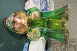 HAND PAINTED GREEN GLASS VASES