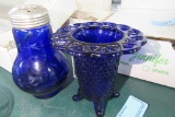 BLUE GLASS FOOTED VASE AND BLUE GLASS CHEESE SHAKER