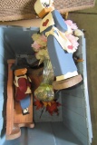HAND-MADE FIGURINES. WOODEN BENCH. TISSUE HOLDER AND ETC