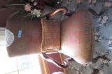PAIR OF SIDE CHAIRS WITH WOOD HANDLES AND ORIENTAL DESIGN FABRIC