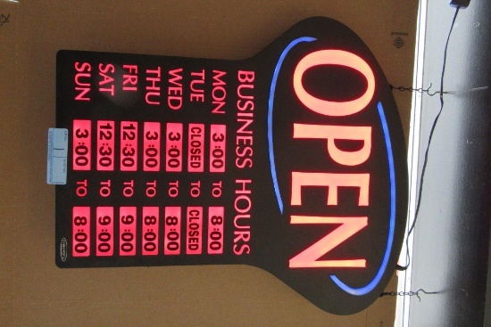 NEON OPEN SIGN WITH BUSINESS HOURS