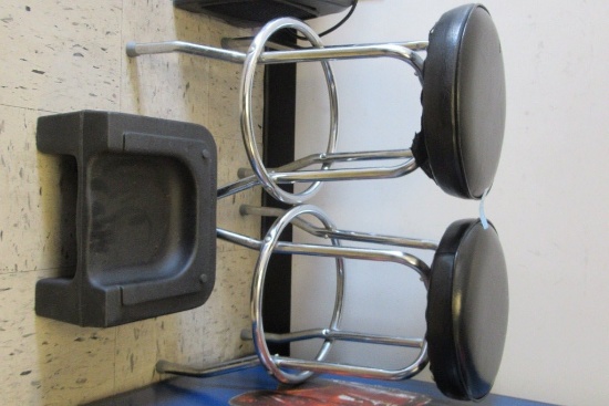 PAIR OF CHROME AND PADDED BAR STOOLS AND BOOSTER CHAIR
