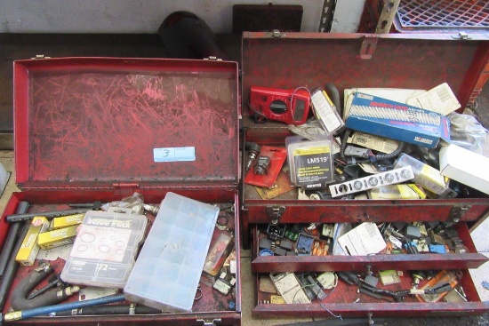 2 TOOL BOXES FULL OF FUSES, BULBS, O RINGS, HARDWARE AND ETC