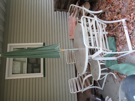 OUTDOOR TABLE WITH 4 CHAIRS, END TABLE, AND UMBRELLA