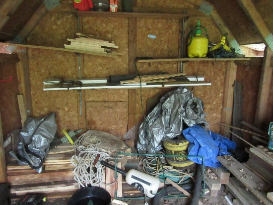 CONTENTS OF SHED INCLUDING WOOD, SPRAYERS, TOOLS, AND ETC