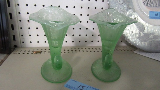 2 JACK IN THE PULPIT FROSTED GREEN VASES