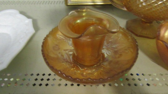 ORANGE CARNIVAL GLASS DISH AND SMALL VASE