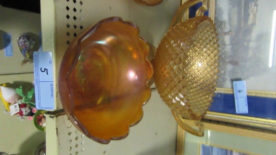 ORANGE CARNIVAL GLASS BOWL AND HANDLED DISH