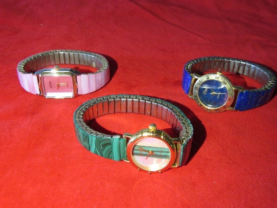 3 LAPIS-LIKE STONE WRIST BAND WATCHES. ASSEMBLED IN HONG KONG