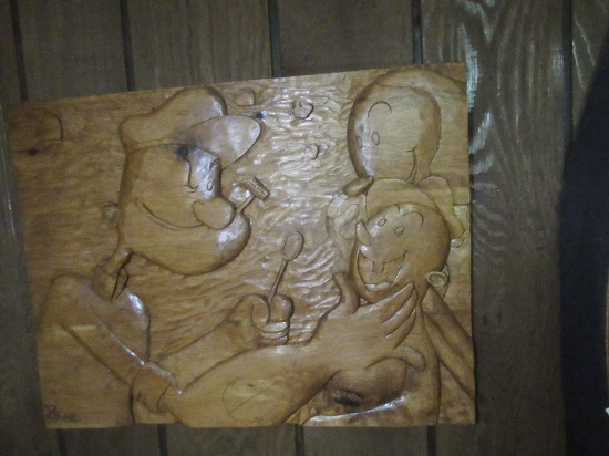 CARVED WOOD POPEYE, OLIVE OYL, AND SWEE'PEA PICTURE