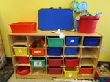 CHILD'S STORAGE CONTAINERS & WOOD SHELF UNIT