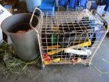 BASEBALL HELMETS. BALLS WITH ROLLABOUT BALL CAGE AND TRASH CAN FULL OF BALL