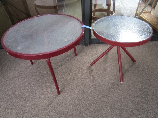 2 RED TRIMMED GLASS TOP SNACK TABLES