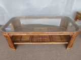 GLASS TOP REED BASE COFFEE TABLE