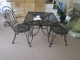 METAL WIRE UMBRELLA TABLE WITH MATCHING CHAIRS MADE BY MEADOW CRAFT.