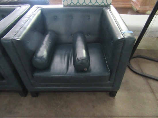 BLUISH GREEN LEATHER LIKE SQUARE HIGH ARM AND BACK CHAIR