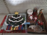 CHRISTMAS FIGURINES, CHRISTMAS COOKIE PLATE, CUTTING BOARD AND SNOWMAN