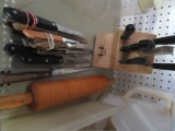 ASSORTED KNIVES, KNIFE BLOCK, AND ROLLING PIN