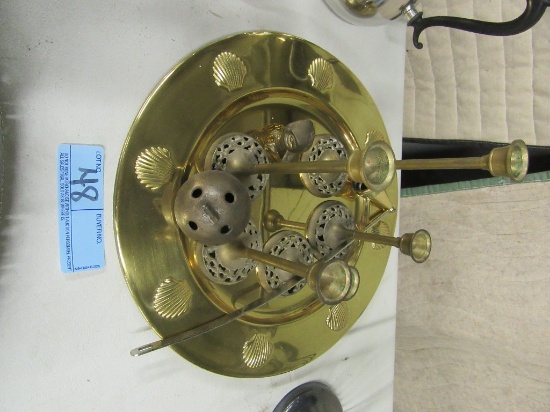 BRASS CANDLE HOLDERS, CANDLE SNUFFER, SHELL PLATE, AND OWL