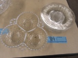 GLASS SAUCERS AND DIVIDED HOBNAIL STYLE DISH