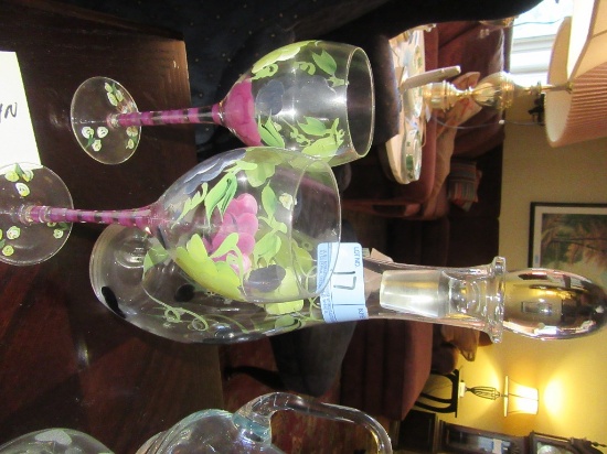 PAINTED GRAPE DECANTER WITH GLASS STOPPER AND 2 MATCHING GLASSES