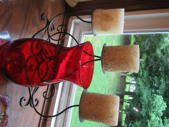 CRANBERRY VASE AND CANDLE HOLDER