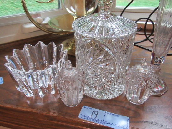 GLASS SALT AND PEPPER, COVERED CANISTER DISH, BUD VASE