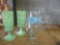 ASSORTED GLASSWARE AND 2 GREEN MILKGLASS WITH GOLD TRIM GLASSES