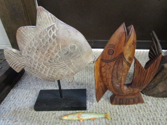 WOODEN FISH FIGURINES. ONE FROM HAITI & A FISH PEN