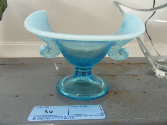 BLUE GLASS FROSTED EDGE BOWL WITH HANDLES