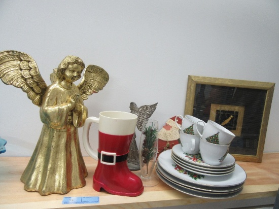 ASSORTED CHRISTMAS ITEMS - DISHWARE, PICTURE, ANGELS, ETC