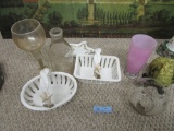 KNICKKNACKS INCLUDING SEASIDE BASKET. MILK BOTTLE, CANDLES. ETCHED ROSE BOW