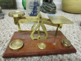 BRASS SCALE WITH WEIGHTS. MADE IN ENGLAND