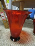 RED GLASS VASE WITH BLACK GLASS BASE