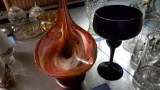 END OF DAY GLASS VASE, TOP CHIPPED AND BLACK GLASS COMPOTE