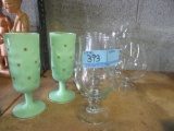 ASSORTED GLASSWARE AND 2 GREEN MILKGLASS WITH GOLD TRIM GLASSES