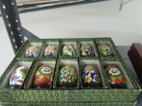 SET OF CLOISONNE EGGS WITH WOOD DISPLAY STAND