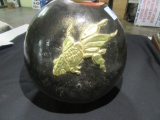 HANDCRAFTED BLACK AND GOLD VASE WITH KOI FISH APPLIQUE GOURD ART CA ARTIST