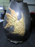 HANDCRAFTED BLACK AND GOLD VASE WITH KOI FISH APPLIQUE GOURD ART CA ARTIST