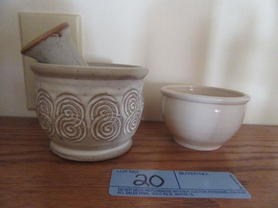 MARKED POTTERY MORTAR AND PESTLE AND OTHER MORTAR