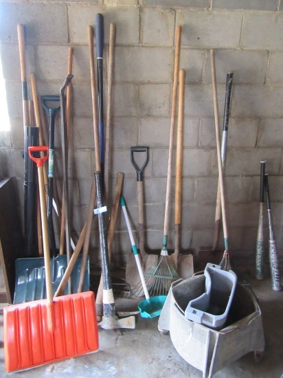 YARD AND GARDEN TOOLS INCLUDING SHOVELS, RAKES, PICKS, AND ETC