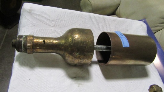LARGE BRASS STEAM WHISTLE. NO NUMBERS. DO NOT KNOW IF IT IS COMPLETE. 22-1/2" tall